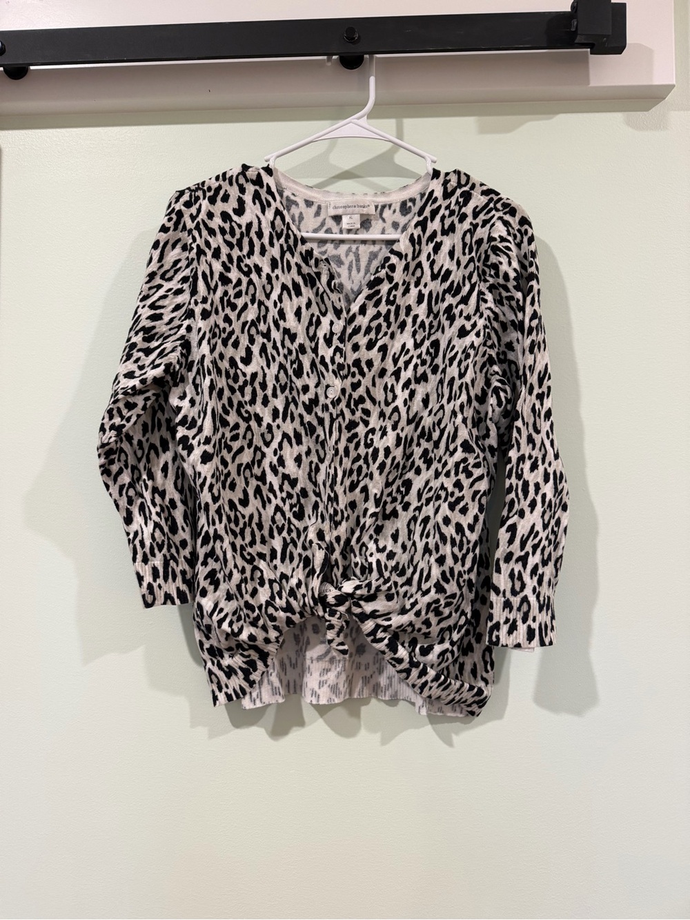 Christopher & Banks Black and White Leopard-Print Tie Front Blouse